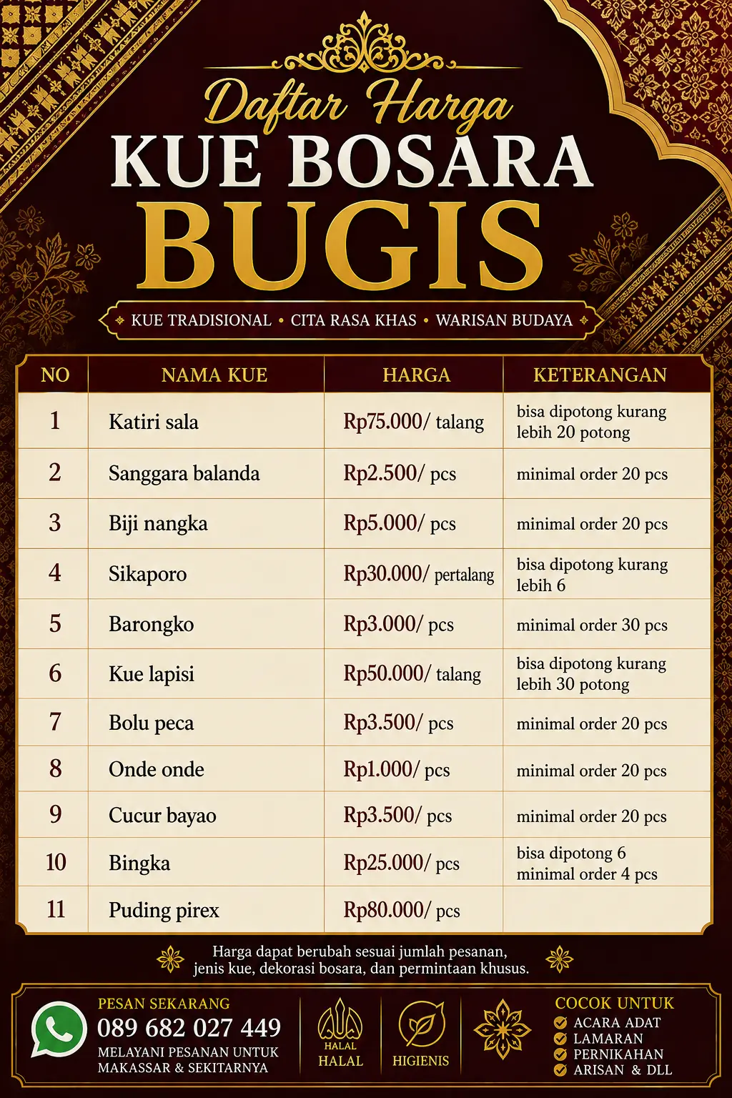 Daftar harga kue bosara